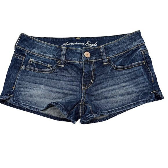 American Eagle Womens Denim Micro Shorts Size 2 Whiskered Dark Blue Wash - Picture 2 of 12